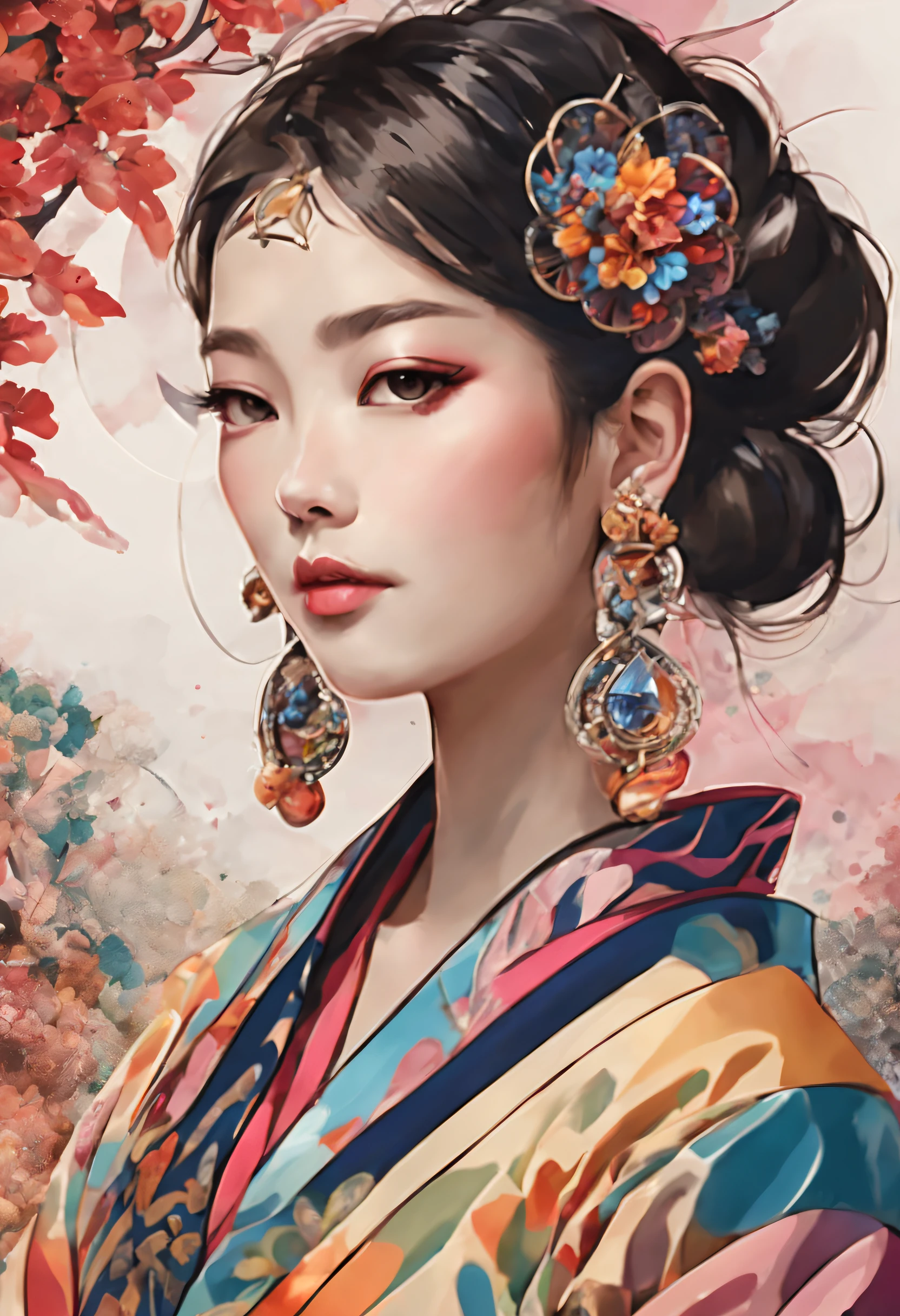 look at viewer, (Exquisite Artistry, Top-Tier Quality, Apex Artistic Standard, Official Masterpiece, Visually Alluring: 1.2), (Single Female Subject: 1.3), Extraordinarily Detailed, (Fractal Fusion: 1.1), (Rich and Colorful: 1.1), Peak Detailed Precision, (Zentangle Elegance: 1.2), (Dynamic Prowess), (Abstract Wonder: 1.5), (Traditional Japanese Attire: 1.2), (Glistening Skin), (Multifaceted Hues: 1.4), (Intricate Earrings: 1.4).
