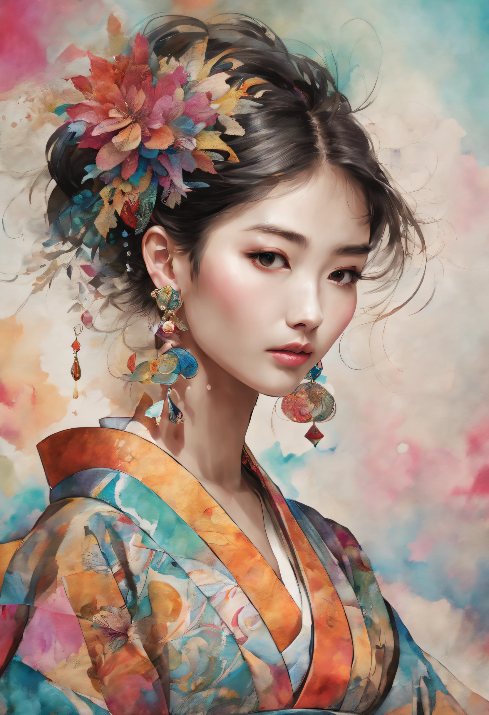 look at viewer, (Exquisite Artistry, Top-Tier Quality, Apex Artistic Standard, Official Masterpiece, Visually Alluring: 1.2), (Single Female Subject: 1.3), Extraordinarily Detailed, (Fractal Fusion: 1.1), (Rich and Colorful: 1.1), Peak Detailed Precision, (Zentangle Elegance: 1.2), (Dynamic Prowess), (Abstract Wonder: 1.5), (Traditional Japanese Attire: 1.2), (Glistening Skin), (Multifaceted Hues: 1.4), (Intricate Earrings: 1.4).