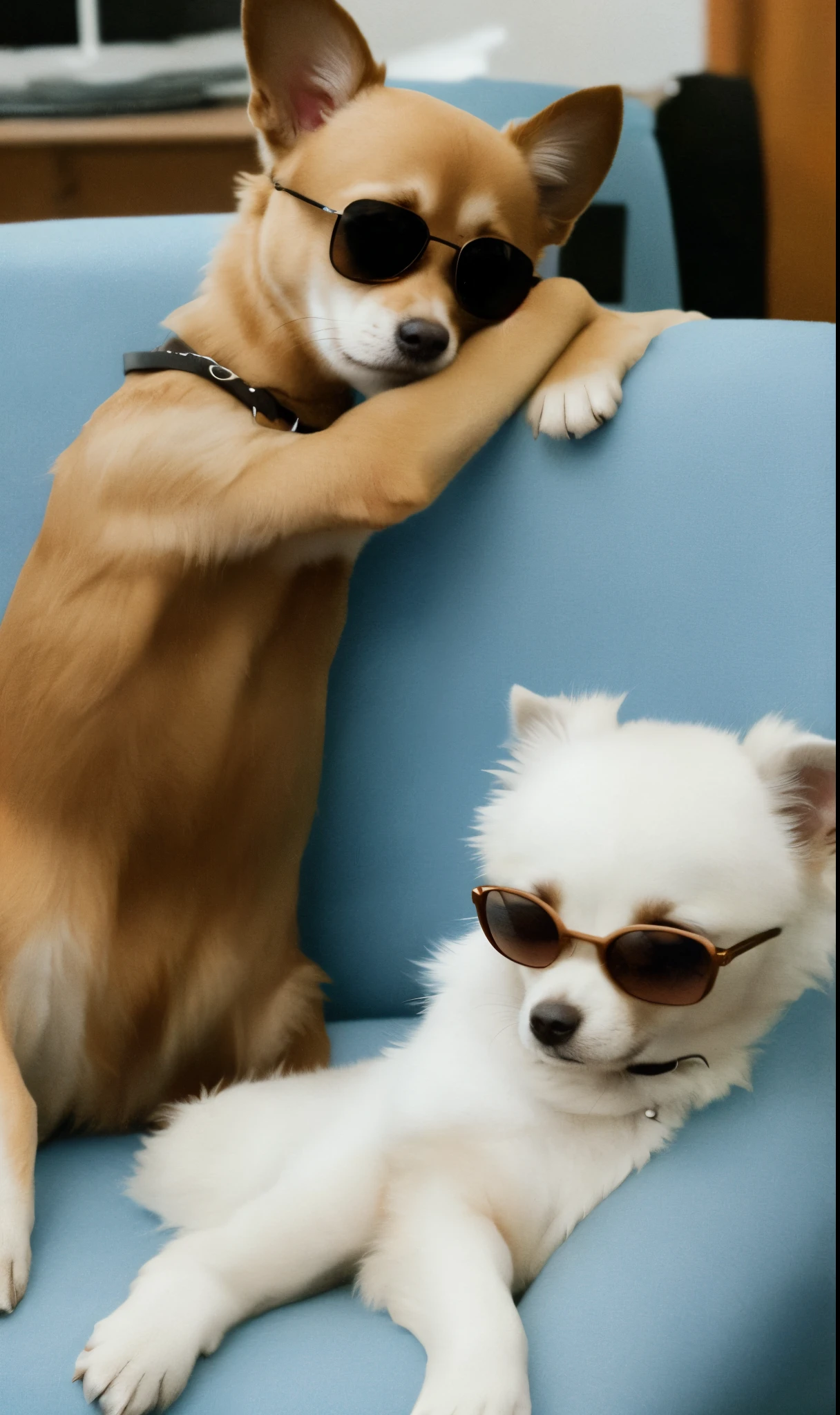 Chihuahua with a hangover, small ice pack on his head, wearing sunglasses, on a couch