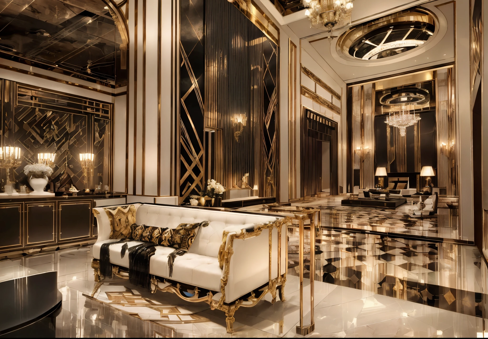 a view of a living room with a marble floor and a chandelier, art deco interior, realistic art deco, art deco design, art deco influence, art deco style, elegant and refined, ( art deco ), art deco!, art deco era), magnificent design, extremely opulent, neoclassical style, ebony art deco, inspired art deco, art deco!!