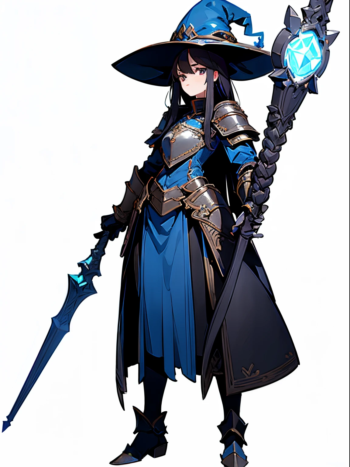 Character design, white background, Female, solo, witch hat, armor plates, standing upright, black hair, magic staff, masterpiece, high detail, looking at viewer, combat-ready,