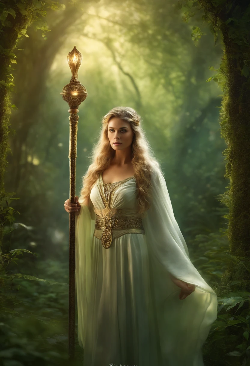 The prompt to generate a stable diffusion image would be:

"Uma poderosa Rainha Druida com elaborados, flowing robes, holding a magical staff, surrounded by lush greenery and intricate Celtic symbols. His eyes are piercing and intense, com uma aura de sabedoria antiga. The scene is bathed in soft, ethereal light, com raios de sol filtrando pelas folhas. The image is of the best quality, com recursos ultra-detalhados, realista e fotorrealista. The art style is a mix of fantasy and nature, with vibrant colors and a mystical atmosphere. The color tone is rich and deep, com tons de verde esmeralda, marrons terrosos, e notas de ouro. The lighting is warm and soft, casting soft shadows and highlighting details of the Druid Queen and her surroundings."