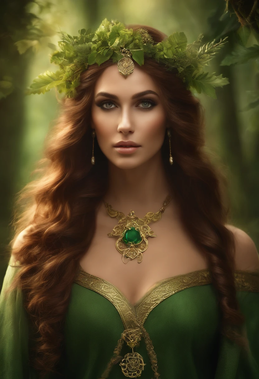 The prompt to generate a stable diffusion image would be:

"Uma poderosa Rainha Druida com elaborados, flowing robes, holding a magical staff, surrounded by lush greenery and intricate Celtic symbols. His eyes are piercing and intense, com uma aura de sabedoria antiga. The scene is bathed in soft, ethereal light, com raios de sol filtrando pelas folhas. The image is of the best quality, com recursos ultra-detalhados, realista e fotorrealista. The art style is a mix of fantasy and nature, with vibrant colors and a mystical atmosphere. The color tone is rich and deep, com tons de verde esmeralda, marrons terrosos, e notas de ouro. The lighting is warm and soft, casting soft shadows and highlighting details of the Druid Queen and her surroundings."