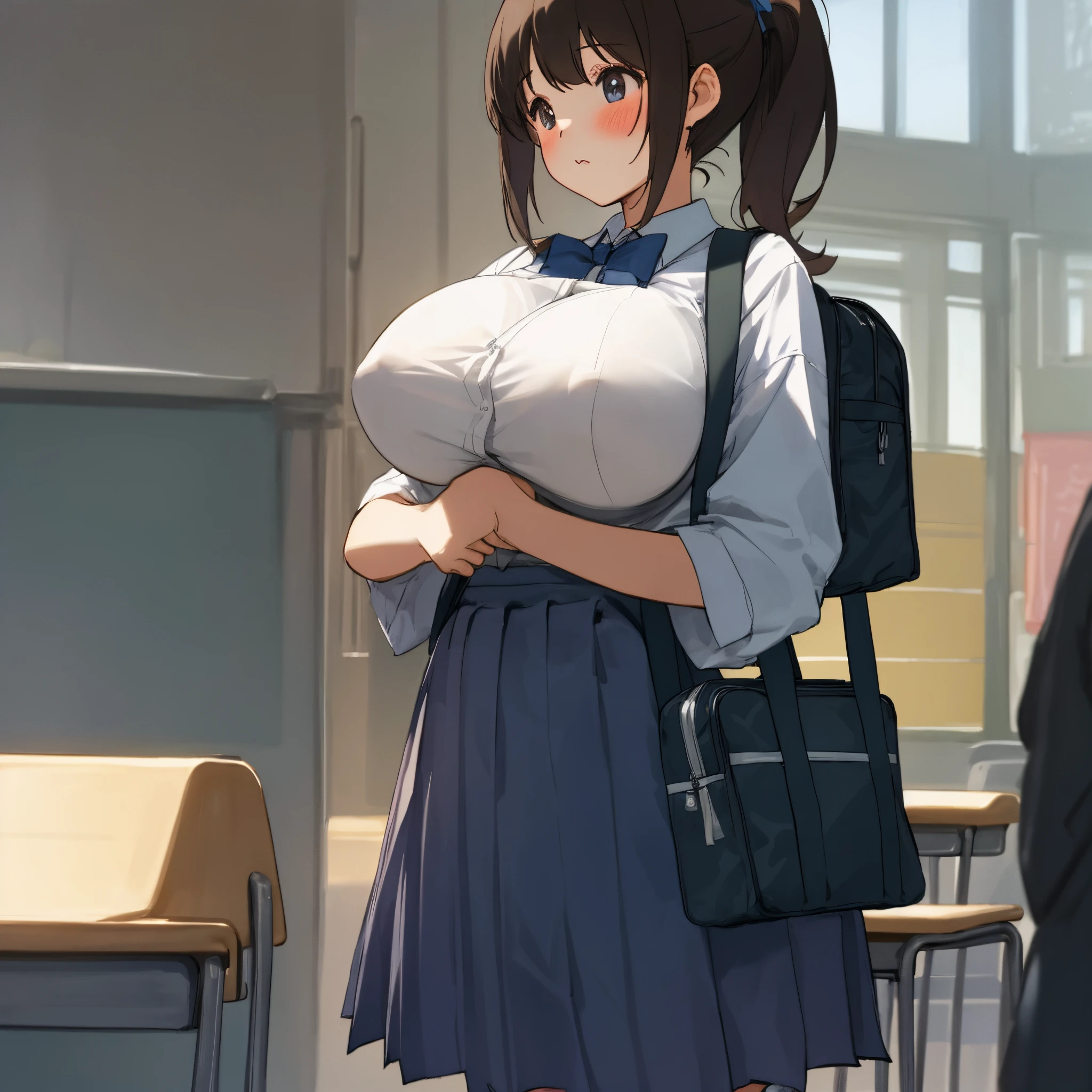 a school bag、huge tit、A dark-haired、poneyTail、girl with