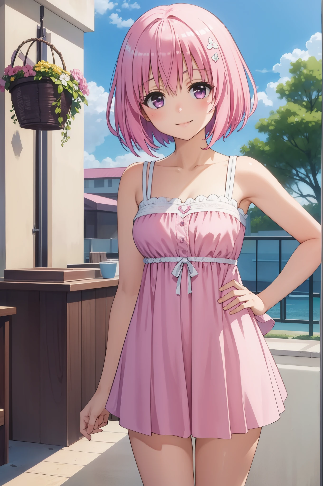 masterpiece, best quality, 1girl, momo velia deviluke, hair ornament, bob cut, short hair, pink hair, smile,