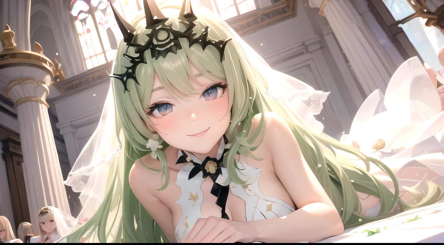 1girl, masterpiece, best quality, ultra detailed, perfect details, Wedding Atmosphere, Wedding dress, white dress, white flowers in a hands, smiling, Looking at us, At the Wedding Altar, high detail, symmetrical, masterpiece, best quality, mobius (honkai impact), honkai (series), honkai impact 3rd, small breasts, clover