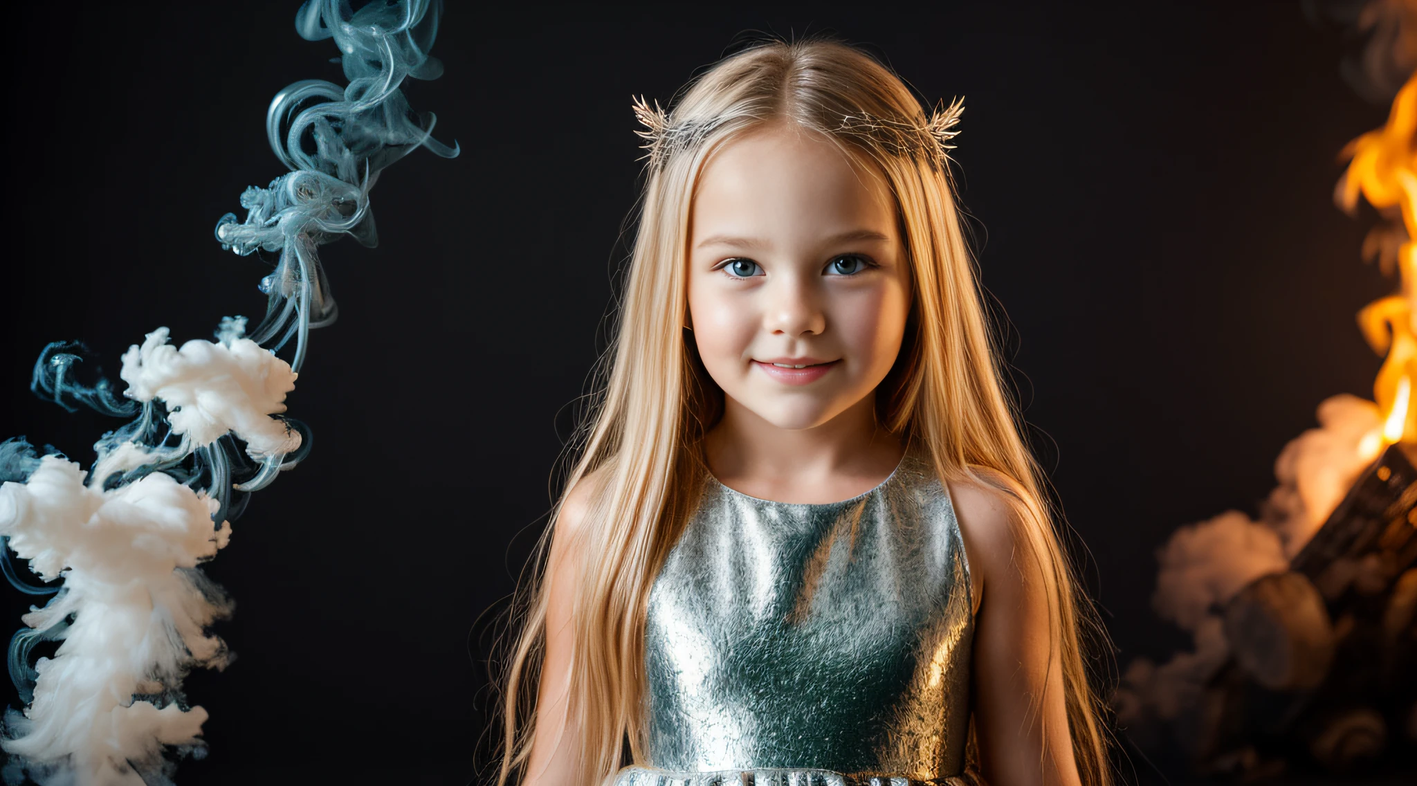 close-up CHILDREN BLONDE GIRL WITH LONG HAIR , em um fundo RED BLOOD DEVIL., usando um vestido prateado, vestido prateado e halo ardente, studio photo session, fundo branco. FUMO FUMO VERMELHO. LASER VERDE.