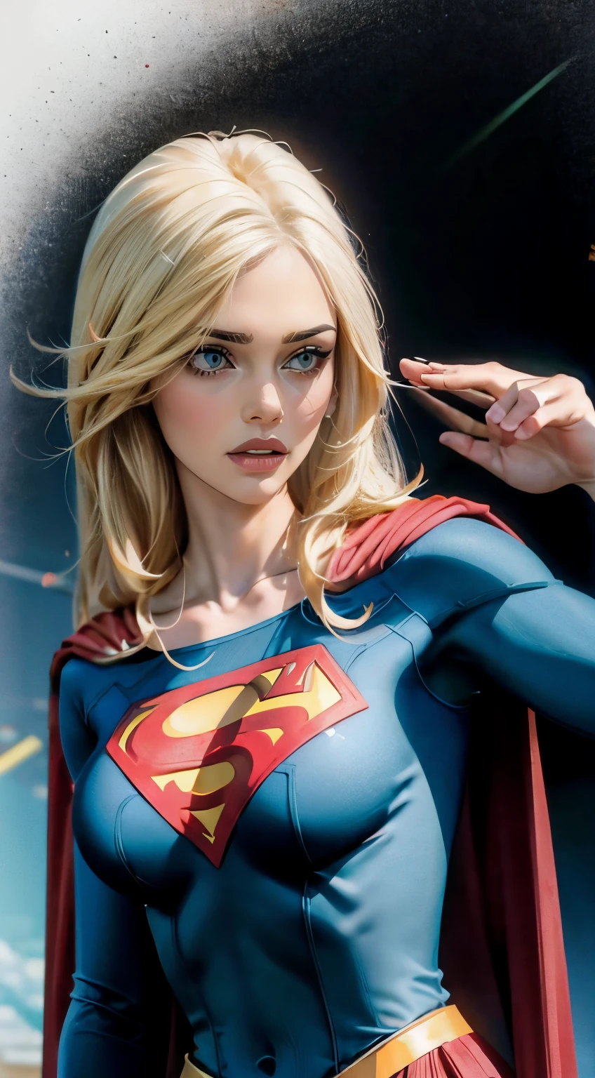 estilo anime
mulher adulta nova, 22 anos, looking beside, blonde hair, ela tem um corpo magro, cabelo grande e cacheado, rostos com algumas sardas, olhos verdes, brincos nos ouvidos, colar discreto com pingente, superman character costume, red cape, heroic pose