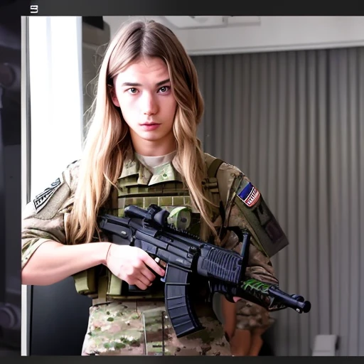 Two twin brothers a man and a woman blond green eyes 20 years old in a video monitoring room watching on the screen several men and armed soldiers in a room