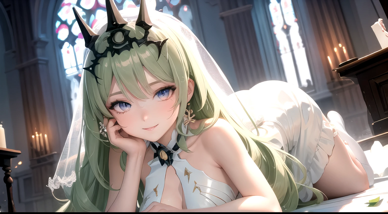 1girl, masterpiece, best quality, ultra detailed, perfect details, Wedding Atmosphere, Wedding dress, white dress, white flowers in a hands, smiling, Looking at us, At the Wedding Altar, high detail, symmetrical, masterpiece, best quality, mobius (honkai impact), honkai (series), honkai impact 3rd, small breasts, clover, cleavage, bangs, earrings, single earring, same eye colour, full body