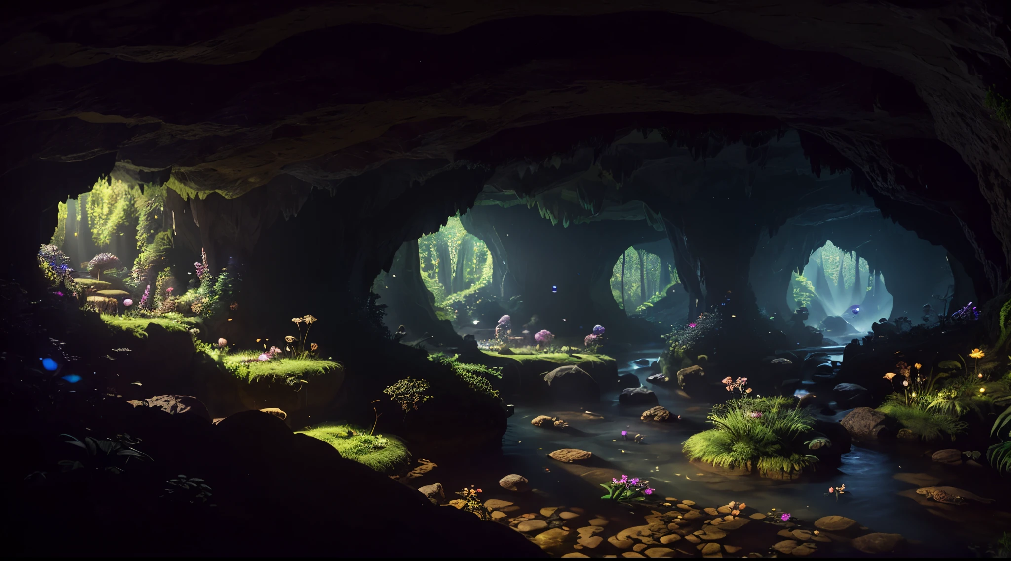 POV, wide angle shot, (beautiful lush underground world, stream, underground castle), (sprawling cave), fantasy, natural sunlight from magical orb, raytracing, particle effects, diffused lighting, vivid colors, (highly detailed, fine details, intricate), (photorealism:1.1), photographed on a Canon EOS R5, 24mm ultra wide lens, 8k resolution, Award-winning photograph