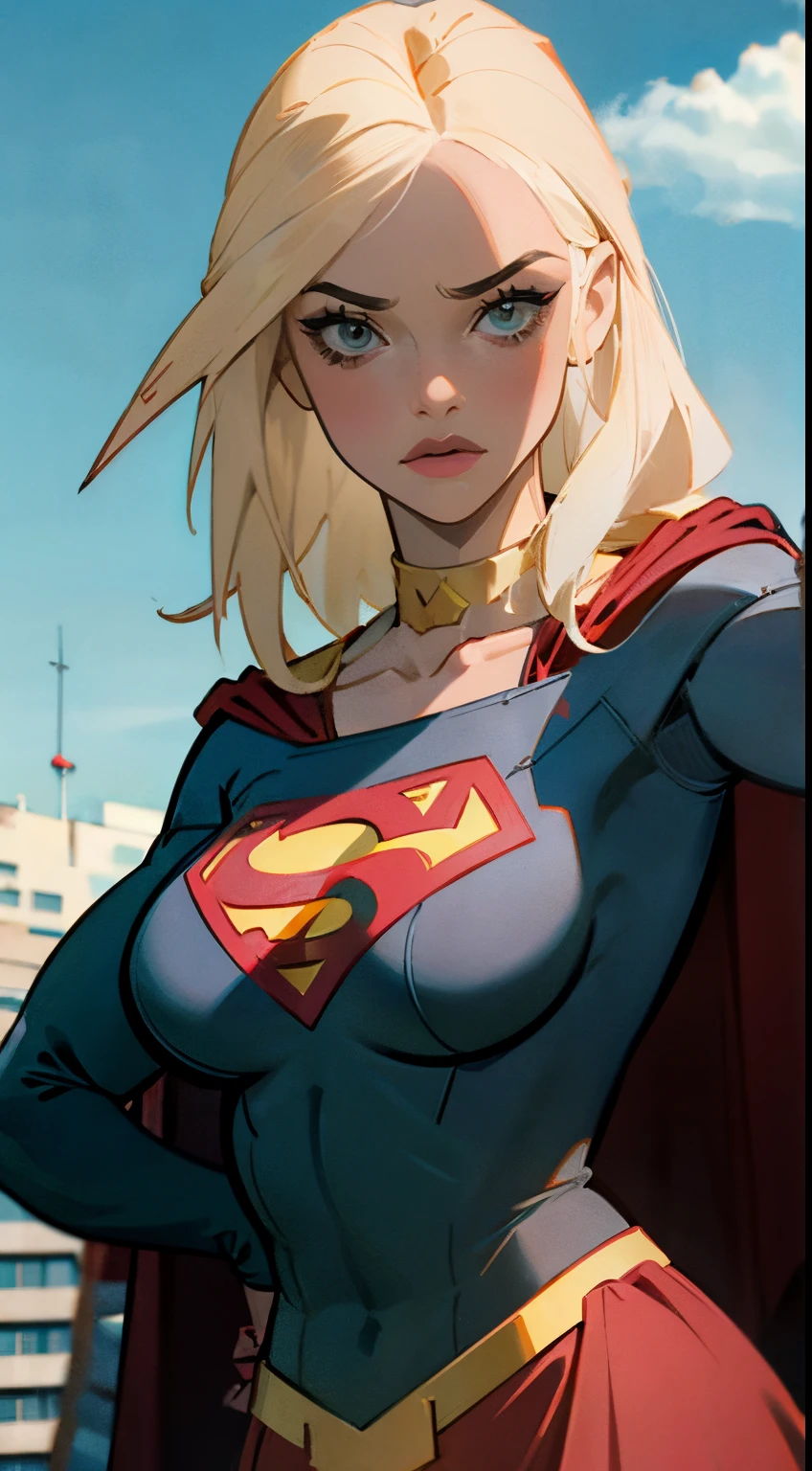 estilo anime
mulher adulta nova, 22 anos, blonde hair, ela tem um corpo magro, cabelo grande e cacheado, rostos com algumas sardas, olhos verdes, brincos nos ouvidos, colar discreto com pingente, superman character costume, red cape, heroic pose