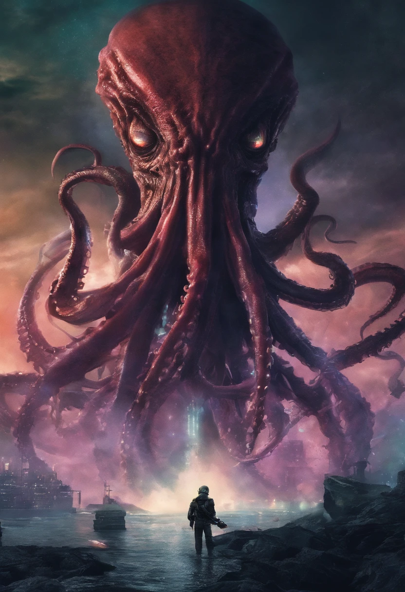 Giant octopus monster，Cthulhu in the Cthulhu Mythos，University teacher&#39;Looking directly at，extremely dangerous，The huge body is shocking，spread throughout the sky，The horror of despair，The atmosphere is oppressive，The spectacle is spectacular，Hero holding sword，Fight back bravely,real  face