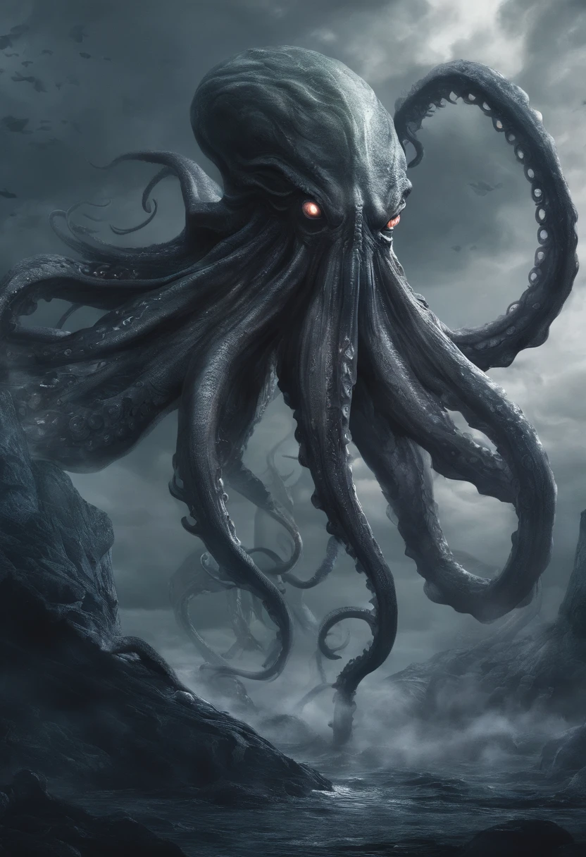 Giant octopus monster，Cthulhu in the Cthulhu Mythos，University teacher&#39;Looking directly at，extremely dangerous，The huge body is shocking，spread throughout the sky，The horror of despair，The atmosphere is oppressive，The spectacle is spectacular，Hero holding sword，Fight back bravely,real  face