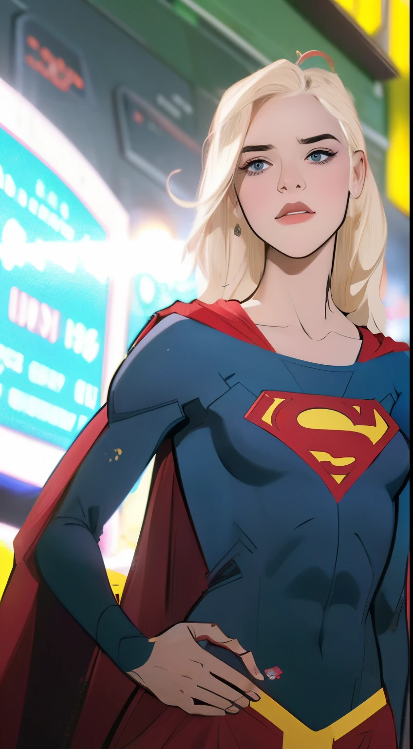 estilo anime
mulher adulta nova, 22 anos, blonde hair, ela tem um corpo magro, cabelo grande e cacheado, rostos com algumas sardas, olhos verdes, brincos nos ouvidos, colar discreto com pingente, superman character costume, red cape, heroic pose