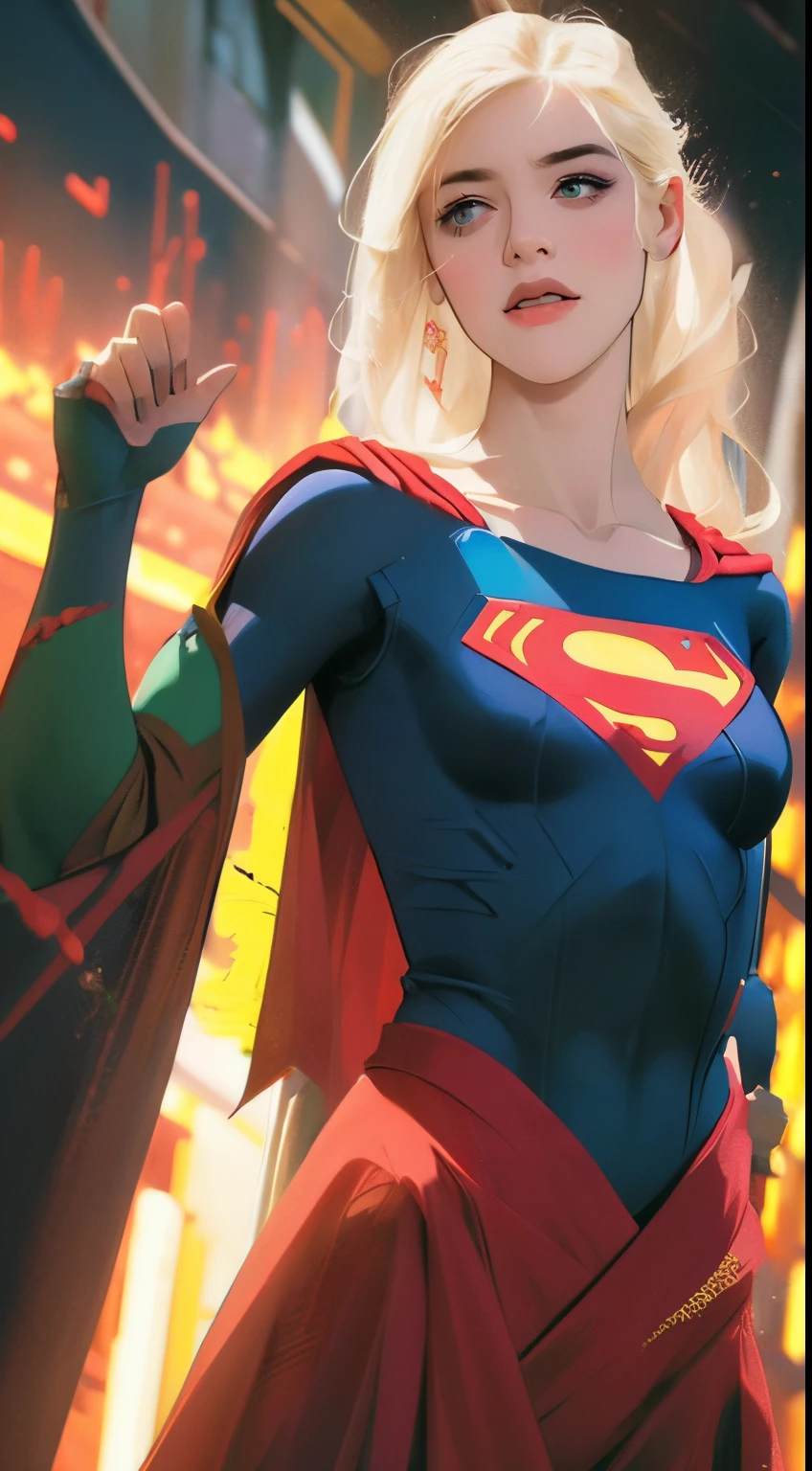 estilo anime
mulher adulta nova, 22 anos, blonde hair, ela tem um corpo magro, cabelo grande e cacheado, rostos com algumas sardas, olhos verdes, brincos nos ouvidos, colar discreto com pingente, superman character costume, red cape, heroic pose