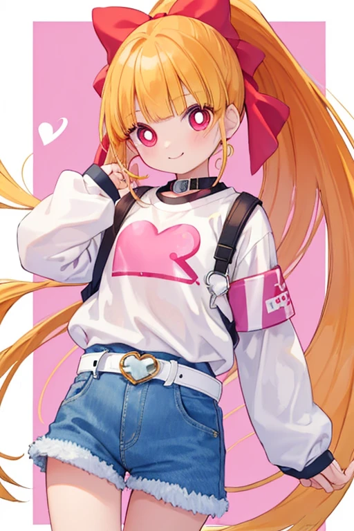 1girl, ppgzmmk, long hair, blonde hair, hair bow, blunt bangs, ponytail, red eyes, bright pupils, (white shirt, long sleeves,small white belt heart, striped sleeves:1.1), (denim, short skirt:1.1),sneakers, smile, looking away, room