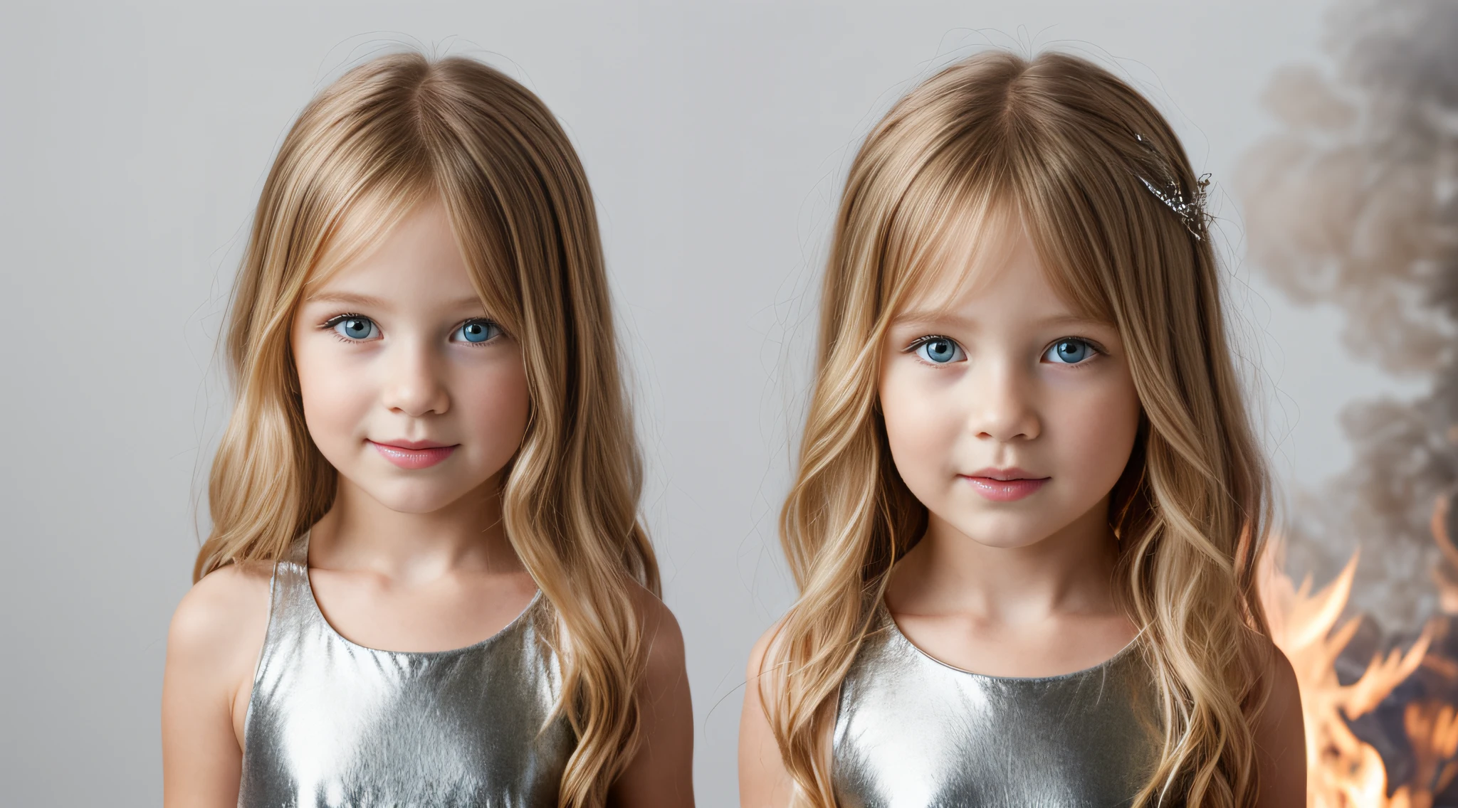 close-up CHILDREN BLONDE GIRL WITH LONG HAIR , em um fundo VERMELHO DOENTE., usando um vestido prateado, vestido prateado e halo ardente, studio photo session, fundo branco. FUMO FUMO VERMELHO. LASER VERDE.