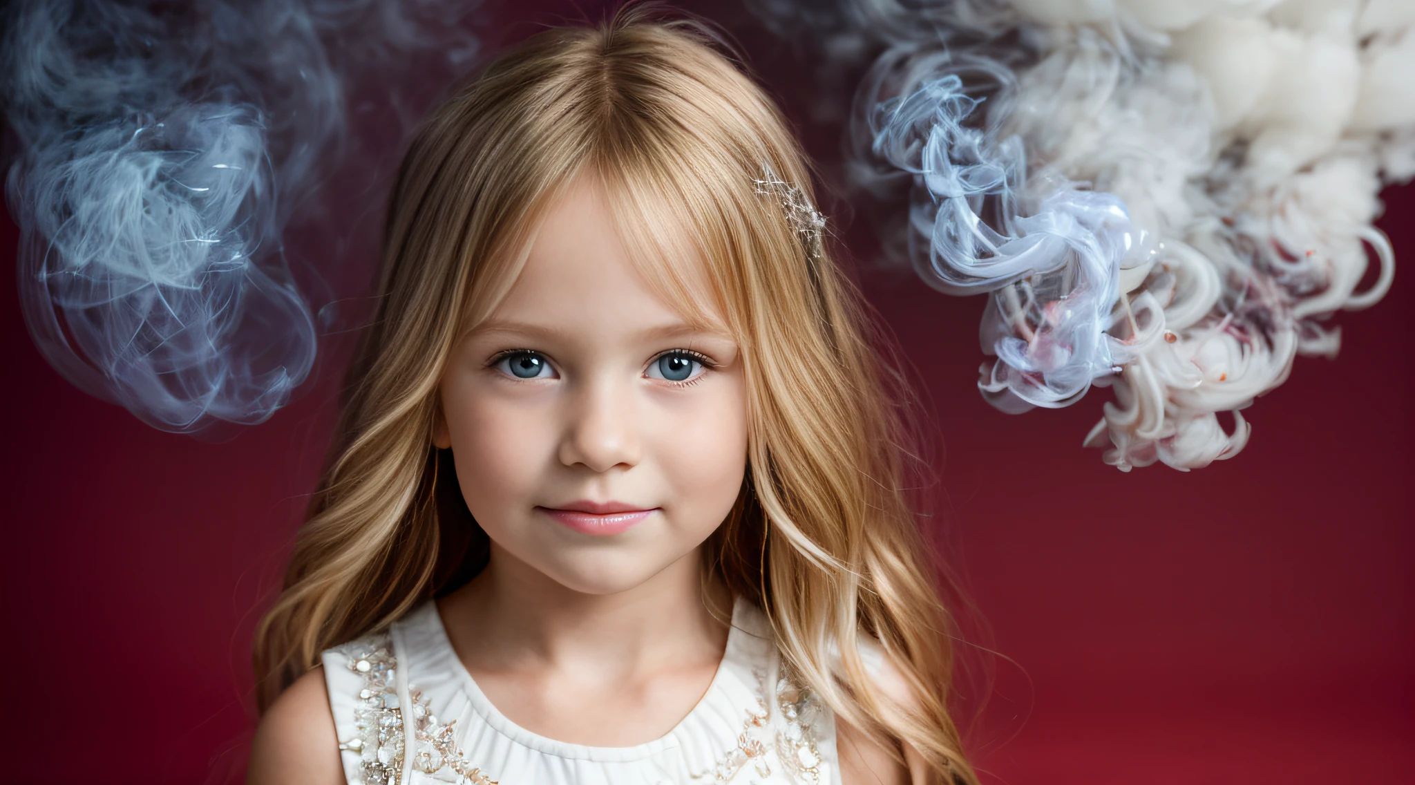 close-up CHILDREN BLONDE GIRL WITH LONG HAIR, em um fundo roxo., usando um vestido prateado, vestido prateado e halo ardente, studio photo session, fundo branco. smoke billowing. LASER VERDE. sangue vermelho.