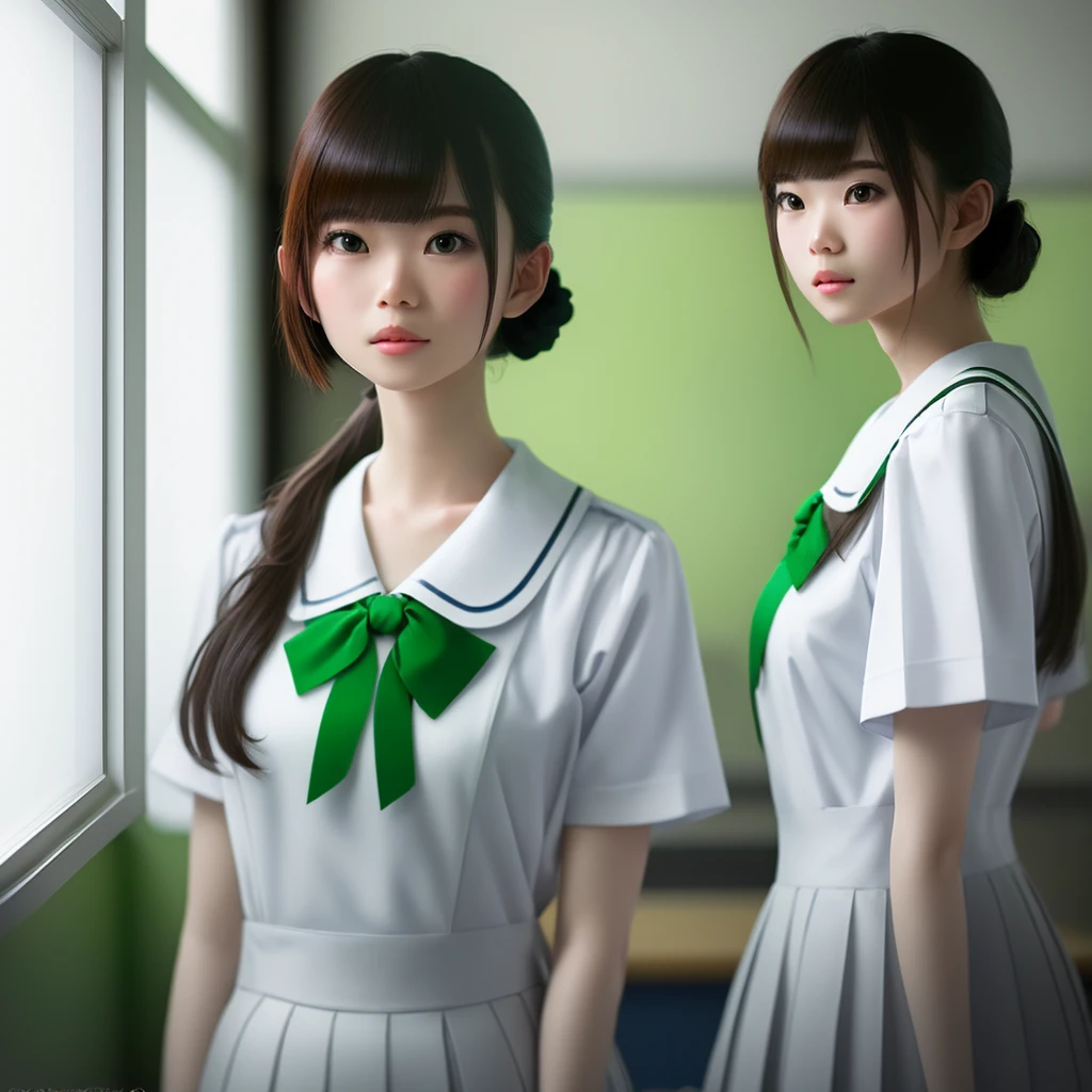 Drawing, ultra realistic, 8k, extremely detailed, in the best quality, a pretty asian female student Sally with short hair walked by the class window. Uniforms wearing white tops, green buttoms