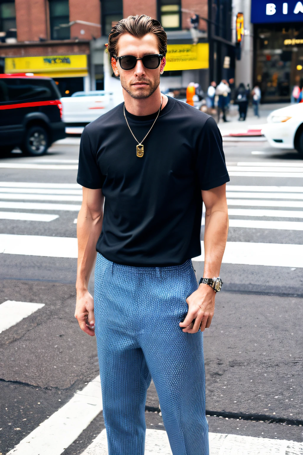 Caucasian model、male people、twinks、a handsome、new york streets、is standing、garments（shortsleeves）