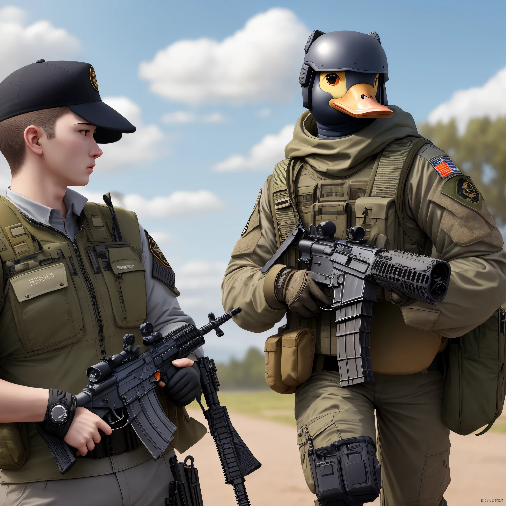 a humanoid duck,Wear a combat uniform,get an assault rifle,