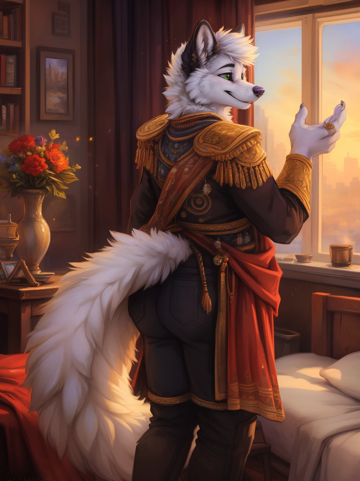 (by hioshiru and kenket and dimwitdog, michael amp inessa garmash, ruan jia, pino daeni, chunie), arctic fox, anthro, very chubby, big butt, big thighs ,green eyes, hair, fluffy tail , male , city background ,bedroom ,black royal clothes , king, standing, smiling, ring on finger, solo