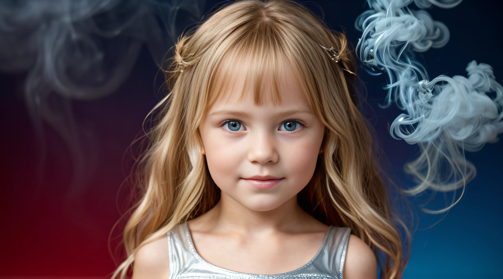 close-up CHILDREN BLONDE GIRL WITH LONG HAIR , em um fundo VERMELHO DOENTE., usando um vestido prateado, vestido prateado e halo ardente, studio photo session, fundo branco. FUMO FUMO VERMELHO. LASER AZUL.