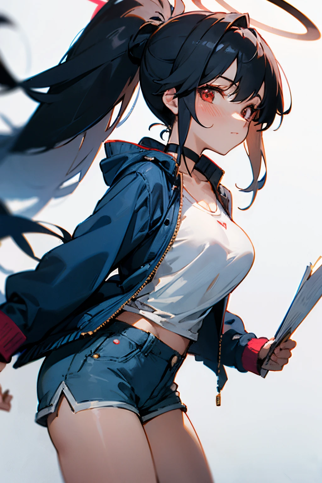 1girl, black choker, black hair, blue jacket, blue shorts, blush, breasts, choker, closed mouth, collarbone, from side, glance, halo, holding, holding paper, jacket, large breasts, long hair, long sleeves, looking at viewer, ponytail, red eyes, shorts, sideways glance, solo, thighs, very long hair, white shirt