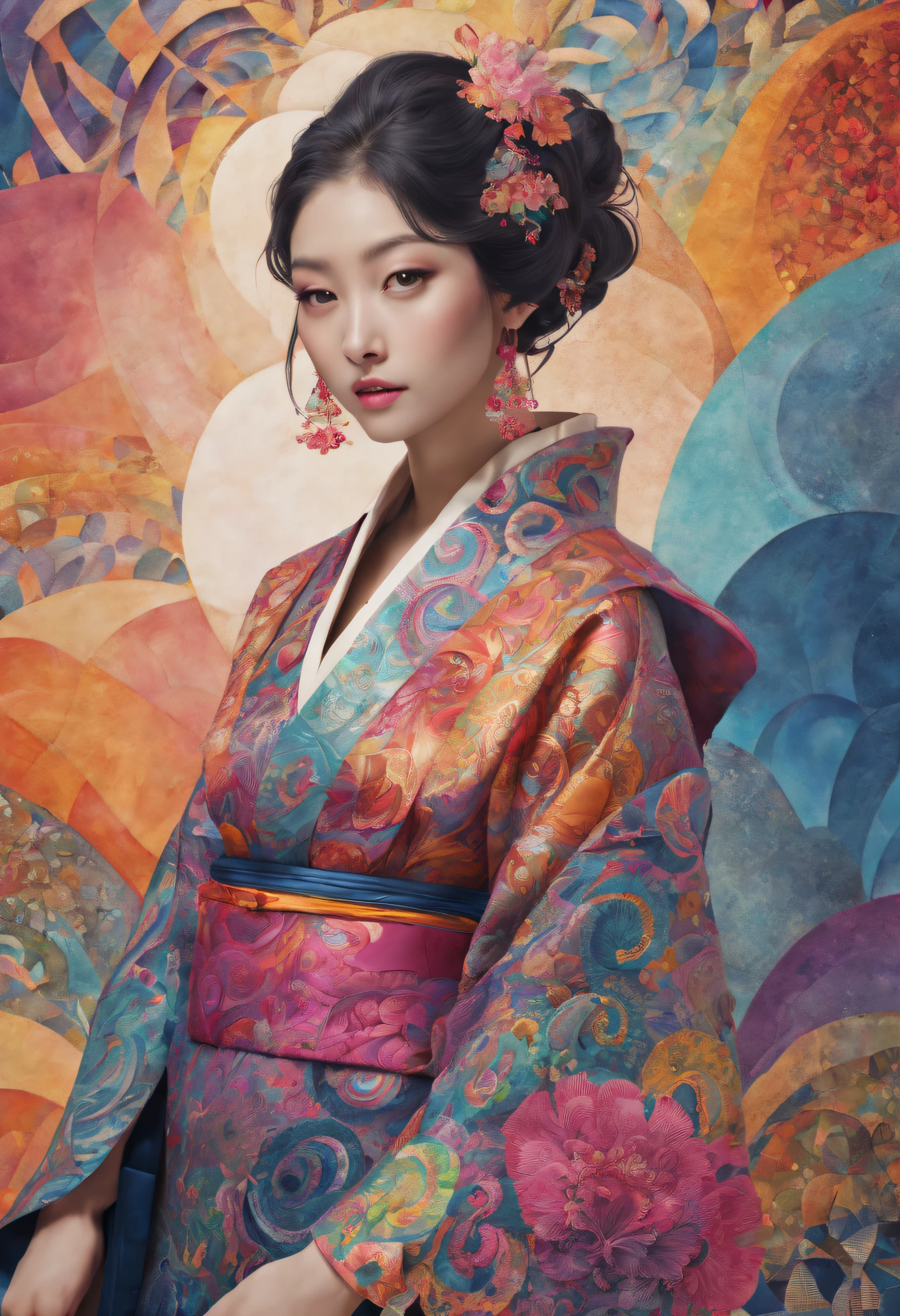 (Masterful Creation, Unparalleled Quality, Best of the Best, Official Artistry, Aesthetic Excellence: 1.2), (Solo Female: 1.3), Incredibly Intricate, (Fractal Extravaganza: 1.1), (Dazzling Colors: 1.1), Supreme Detail Work, (Zentangle Opulence: 1.2), (Dynamic Stance), (Abstract Masterpiece: 1.5), (Japanese Fashion: 1.2), (Glowing Complexion), (Multihued Palette: 1.4), (Ornamental Elegance: 1.4).