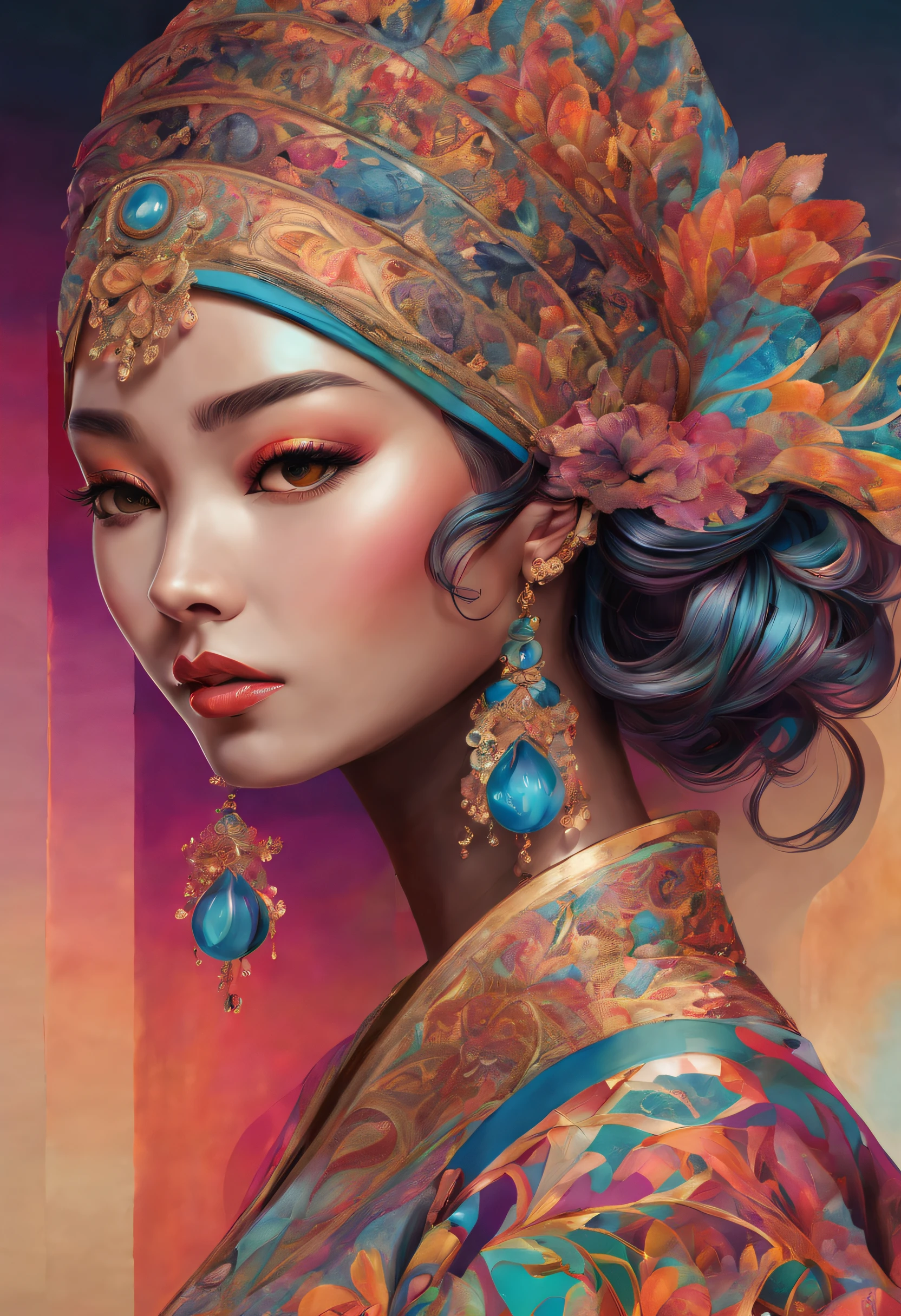 (Masterful Creation, Unparalleled Quality, Best of the Best, Official Artistry, Aesthetic Excellence: 1.2), (Solo Female: 1.3), Incredibly Intricate, (Fractal Extravaganza: 1.1), (Dazzling Colors: 1.1), Supreme Detail Work, (Zentangle Opulence: 1.2), (Dynamic Stance), (Abstract Masterpiece: 1.5), (Japanese Fashion: 1.2), (Glowing Complexion), (Multihued Palette: 1.4), (Ornamental Elegance: 1.4).