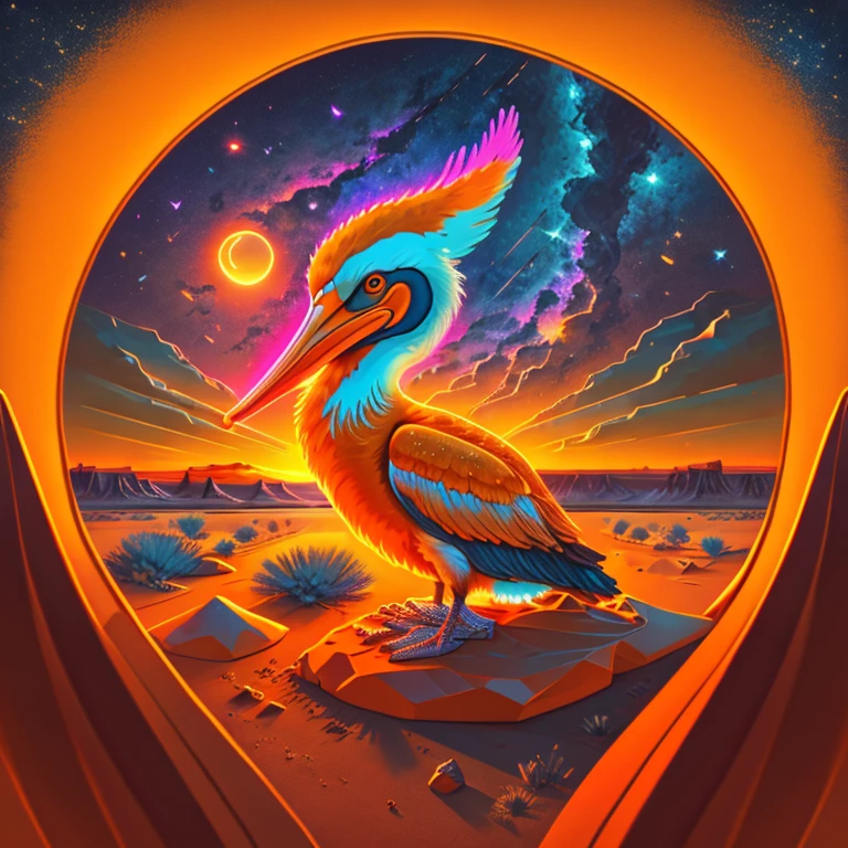 An incredible pelican, an incredible arid desert setting, oil art/digital/neon light, tema (brilho), cores orange/amber/branco/preto/marrom, bioluminescence at night. surreal, intrincado/intrincada, SDLX/studio, alta qualidade, highes definition, alto detalhe, alta resolução, 8k