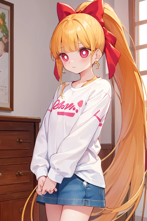 1girl, ppgzmmk, long hair, blonde hair, hair bow, blunt bangs, ponytail, red eyes, bright pupils, (white shirt, long sleeves, striped sleeves:1.1), (denim, short skirt:1.1),sneakers, cute, looking away, room