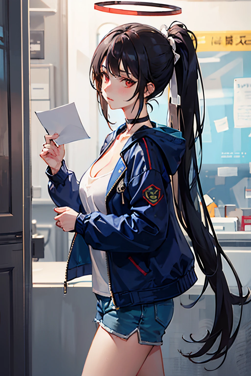 1girl, black choker, black hair, blue jacket, blue shorts, blush, breasts, choker, closed mouth, collarbone, from side, glance, halo, holding, holding paper, jacket, large breasts, long hair, long sleeves, looking at viewer, ponytail, red eyes, shorts, sideways glance, solo, thighs, very long hair, white shirt