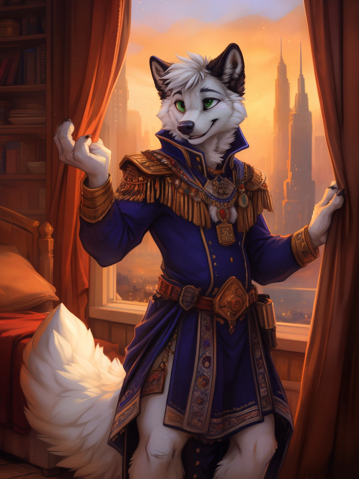 (by hioshiru and kenket and dimwitdog, michael amp inessa garmash, ruan jia, pino daeni, chunie), arctic fox, anthro, very chubby, big butt, big thighs ,green eyes, hair, fluffy tail , male , city background ,bedroom ,black royal clothes , king, standing, smiling, ring on finger, solo