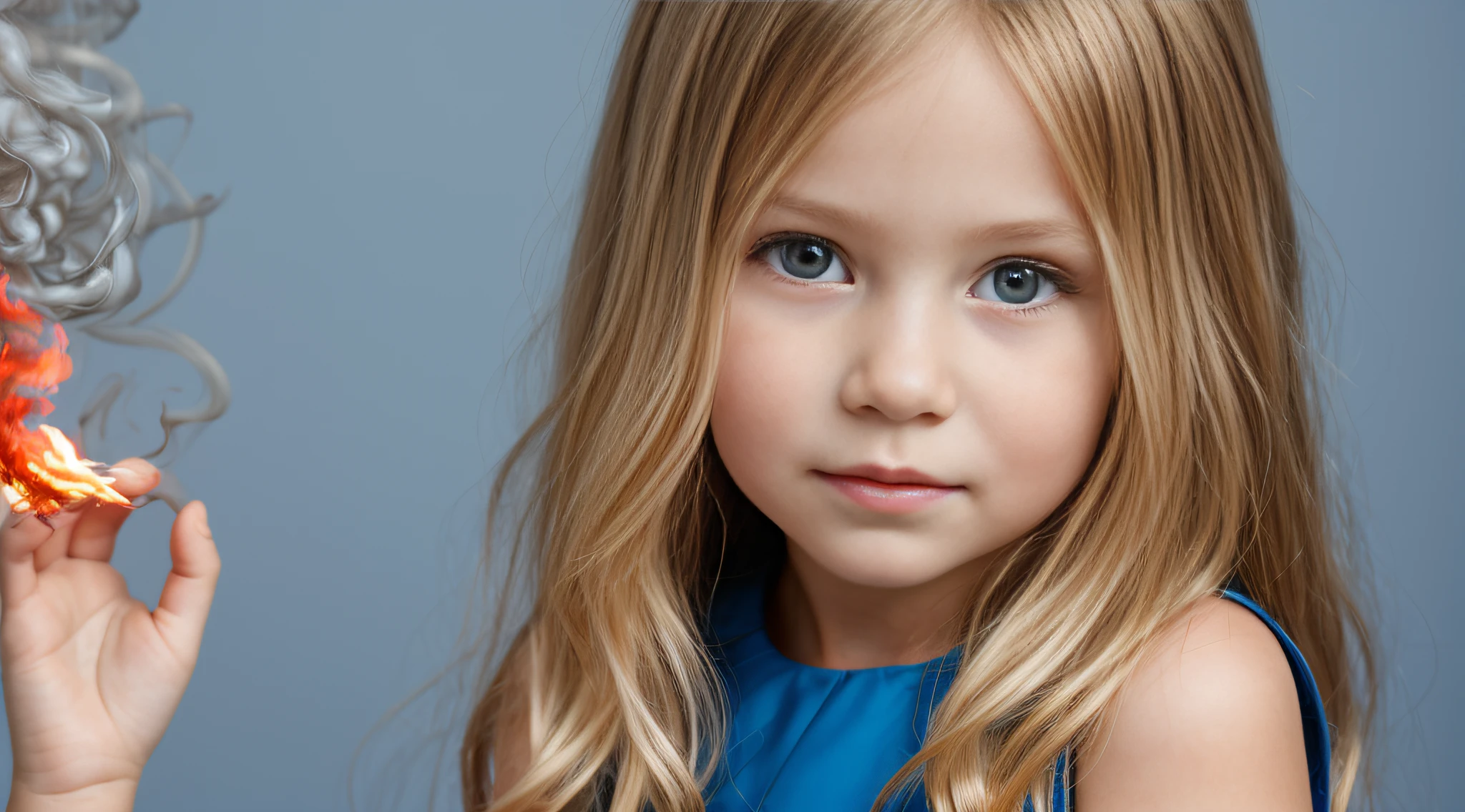 close-up CHILDREN BLONDE GIRL WITH LONG HAIR , em um fundo VERMELHO DOENTE., usando um vestido prateado, vestido prateado e halo ardente, studio photo session, fundo branco. FUMO FUMO VERMELHO. LASER AZUL.