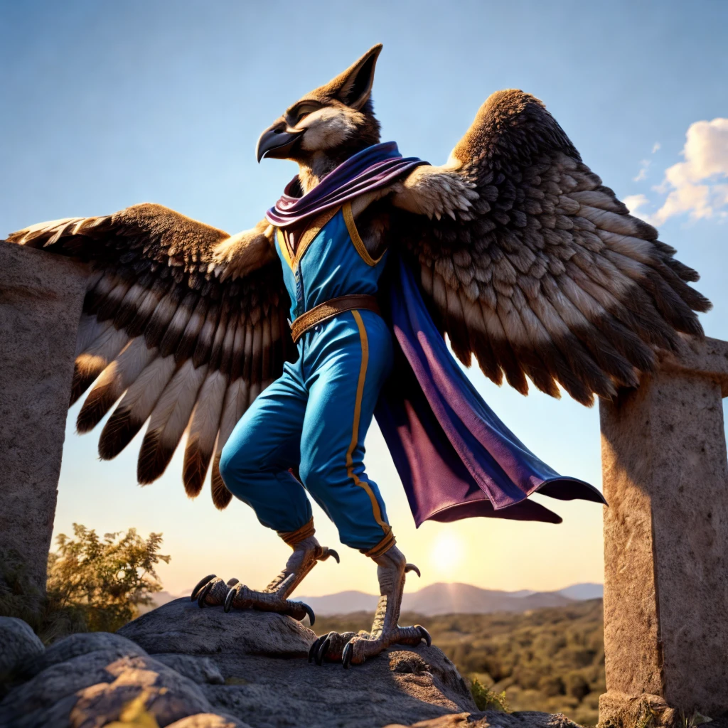 an anthro gryphon hovering over a forest during the day, ((nj5furry, solo, looking around, flying in the sky, masterpiece, anthro, male, avian, gryphon-face, short talons, black claws, clawed hands, slender body, three-tone feathers, white and brown and gold feathers, detailed feathers, feathered body, (feathered arms), (large feathered wings: 1.8), short tail feathers, tucked wings, small leather satchel)), calm expression, ((arms resting at side)), (gold eyes, (loose medieval-style white drawstring pants: 1.4, loose medieval-style white shirt: 1.4, short-length purple cape: 1.4)), forest background, ((sky background, large city background)), best quality,4k,8k,highres,masterpiece:1.2), ultra-detailed,(realistic,photorealistic,photo-realistic:1.37),drawn with colored pencils, richly detailed, traditional style landscapes, scenic beauty, beautifully detailed books, fine textures, soft and vibrant colors, sunlit atmosphere, tranquil and peaceful ambiance, impressionistic brush strokes, focus on foreground and background, depth and perspective, ethereal lighting effects, (three-quarters camera angle, side view camera angle)