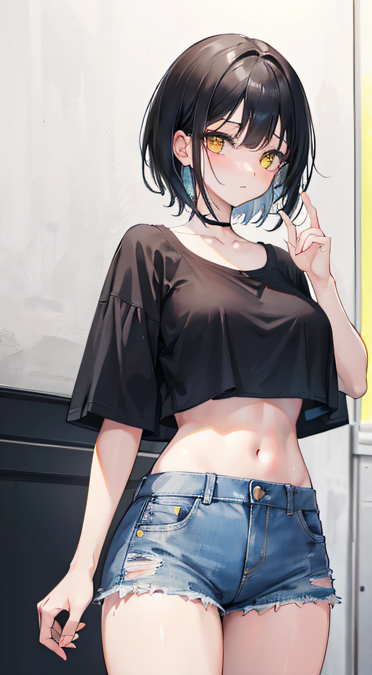araffe wearing a green shirt and jeans and a hat, baggy jeans, wearing a cropped tops, outfit : jeans and white vest, wearing : tanktop, wearing a cropped top, wearing a sexy cropped top, casual summer clothes, wearing a cropped black tank top, skinny waist and thick hips, bright summer day, thin waist, jackie tsai style、低身長、笑顔、小さい胸、