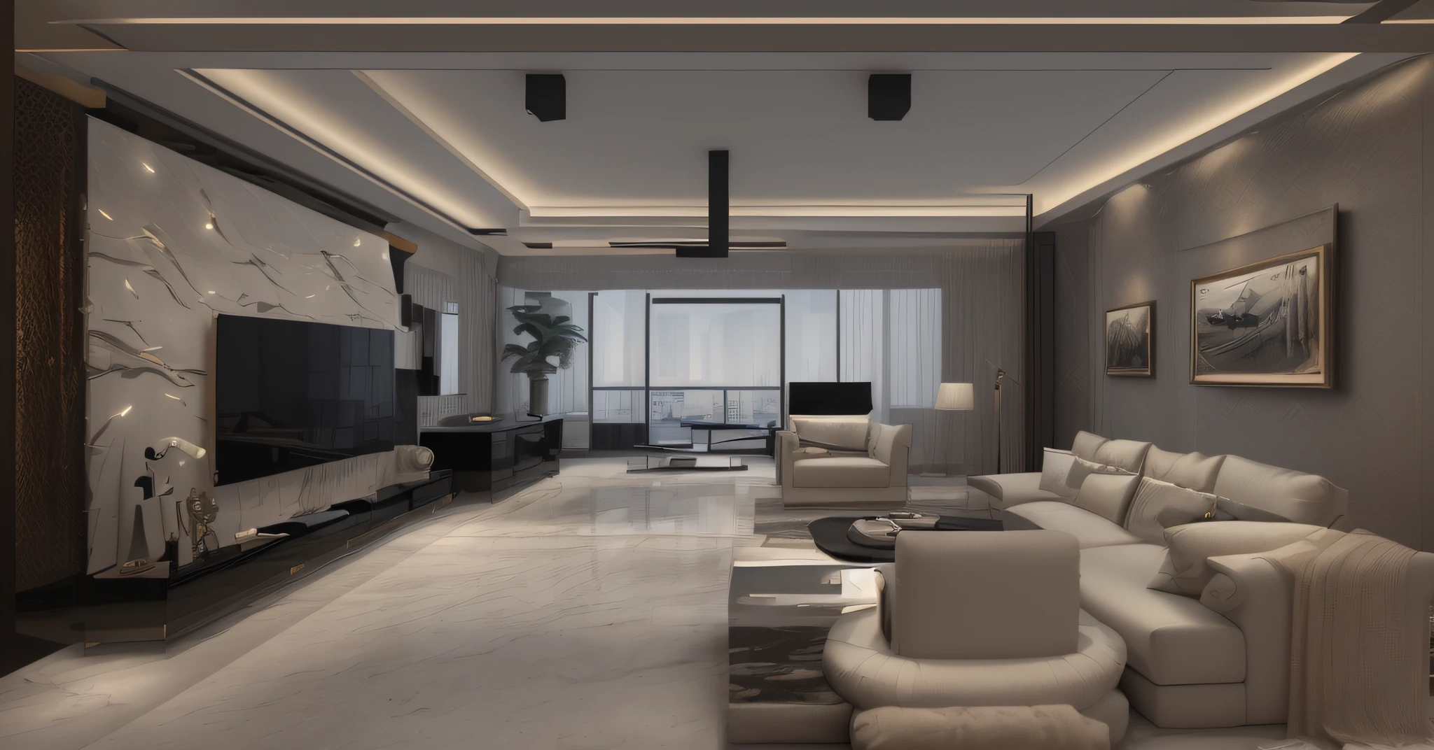 Alafid Living room with large TV and large sofa, luxury condo interior, high end interior, apartment design, luxury hd render, interior living room, Modern apartment interior, archviz, modern living room, Penthouse, modern interior design, living room interior design, precise architectural rendering, architectural 3d render, building rendering, unreal engine realistic render