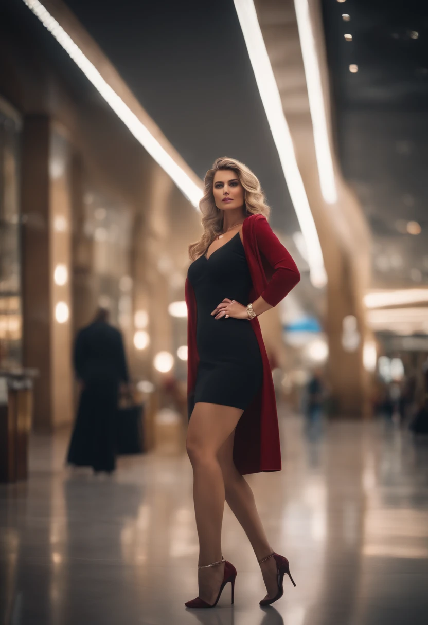 Professional, (4K photos:1.1) in door (Jeremy Lipking:0.3), (Anna Ditmann:0.3), (Arian mark:0.3),, high detailing, Wearing (Low cut shirt:1.2), beautifull detailed face, Hazel eyes, Long Blonde Hair, (attractive young woman:1.3), (Seductive:1.1), (Blushing:1.1), Hourglass body shape, round perky chest, Wide chic hips, In the mall, A sexy