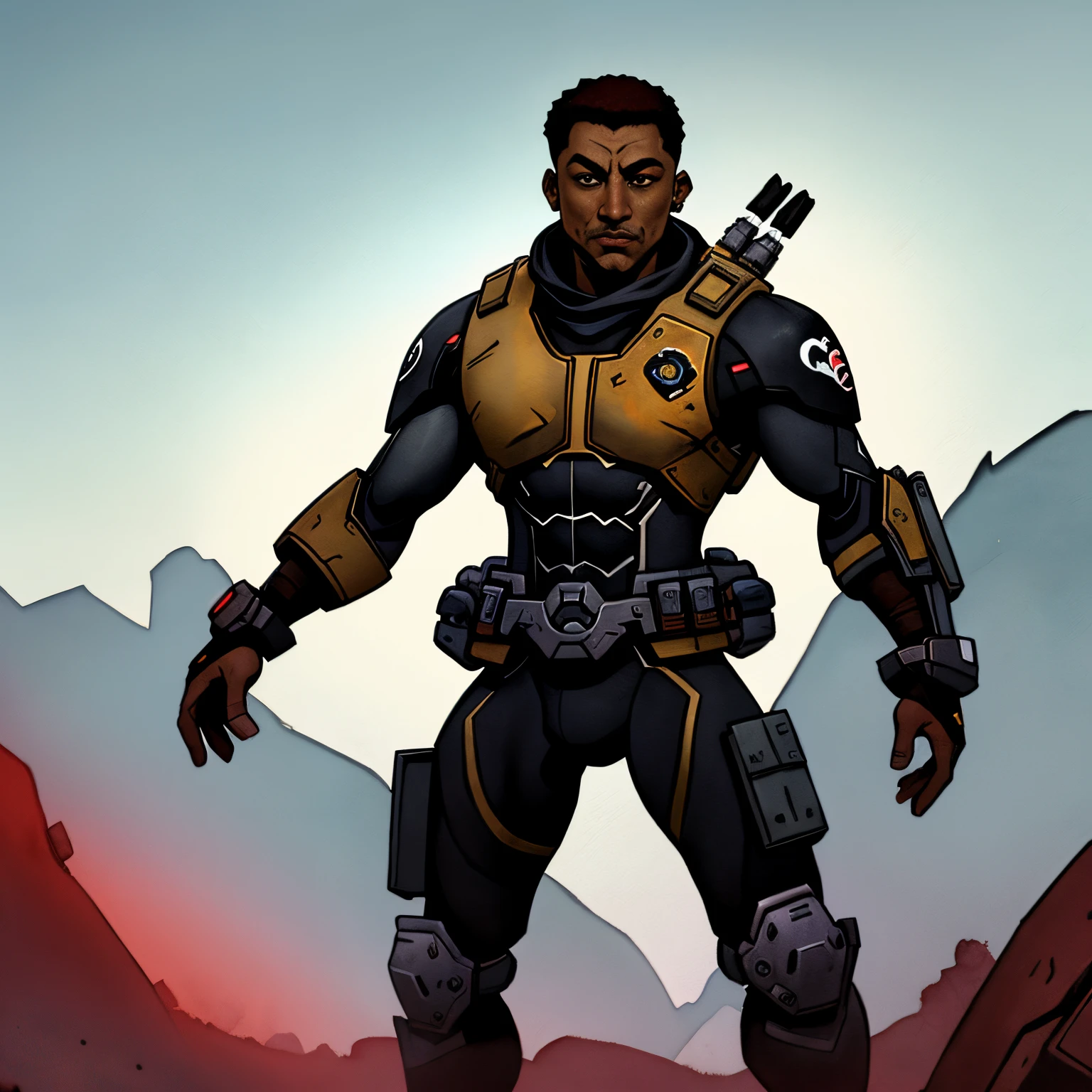 (((scientific fiction, pele negra, desenho de linha, aquarela, macho))), high definition character art, personagem do jogo Borderlands, cabelo preto curto, olhos vermelhos, homem forte, in dynamic pose, pronto para enfrentar seus inimigos, behind a futuristic desert, personagem masculino do jogo Borderlands. Esta imagem de alta qualidade, renderizada em 8K Ultra HD, mostra detalhes intrincados da cena. obra-prima aprimorada digitalmente ou pintada com requinte, scientific fiction, fronteiras, postura ativa, estilo de quadrinhos