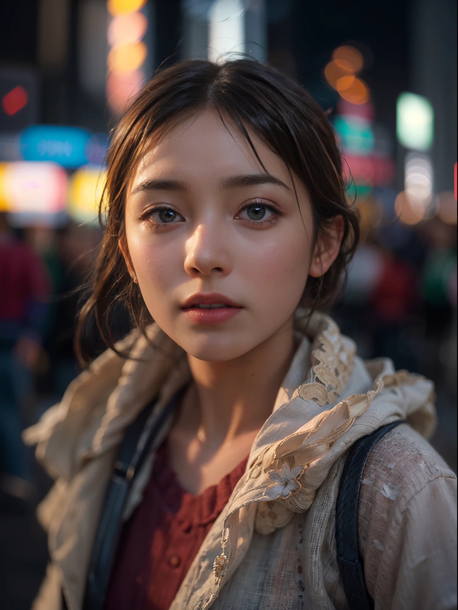 bloom, (lens flare), (8k, RAW, professional, best quality, masterpiece:1.2), (realistic,photorealistic:1.37), ultra-detailed, (24mm portrait wide angle), (anamorphic lens), ((panning shot)), (highest detailed skin:1.2), (highest detailed face:1.2), cinematic lighting, 1girl, (windy), standing on time square, night time, warm white light, look at the camera