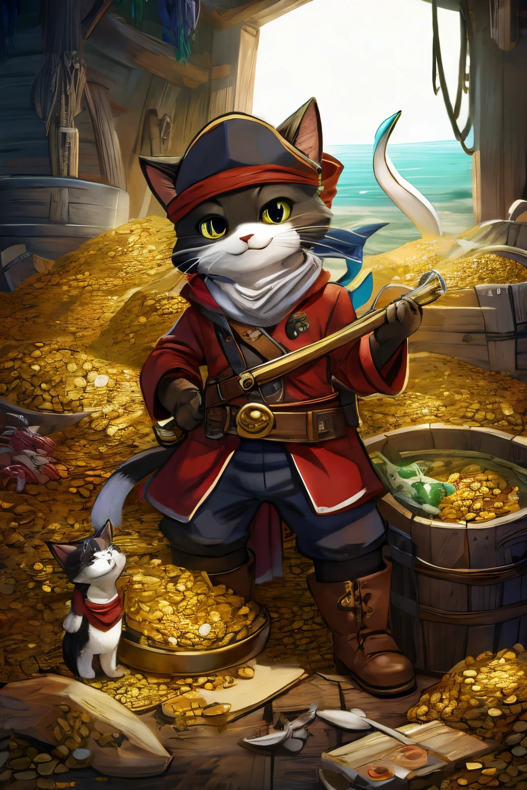 pirates cat with treasure and squid