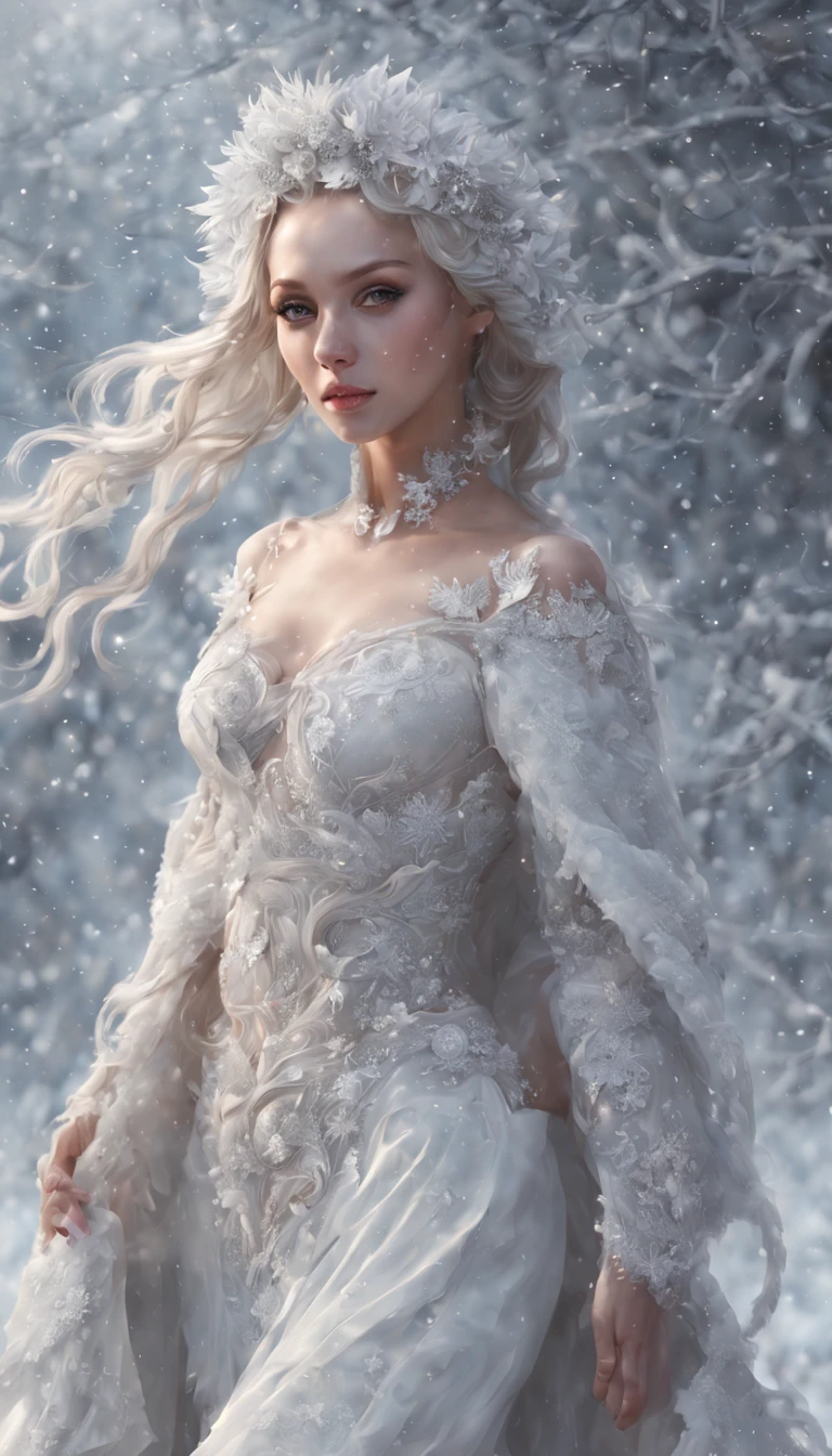 snow blizzard snowstorm aura, female, fullbody, body perfect, sunlight, shaved open pubis, haircut white hairs, a lot of snowflakes, in the snow ice crystalls, super detailed, anatomically correct, masterpiece symmetrical composition, face russian perfect cute woman sweet beautifull, wearing white fur cloak, thick white vapor fog smoke clouds wind, white skin, bright cheek blush, front view, snowflakes crown, wearing crystal transparent