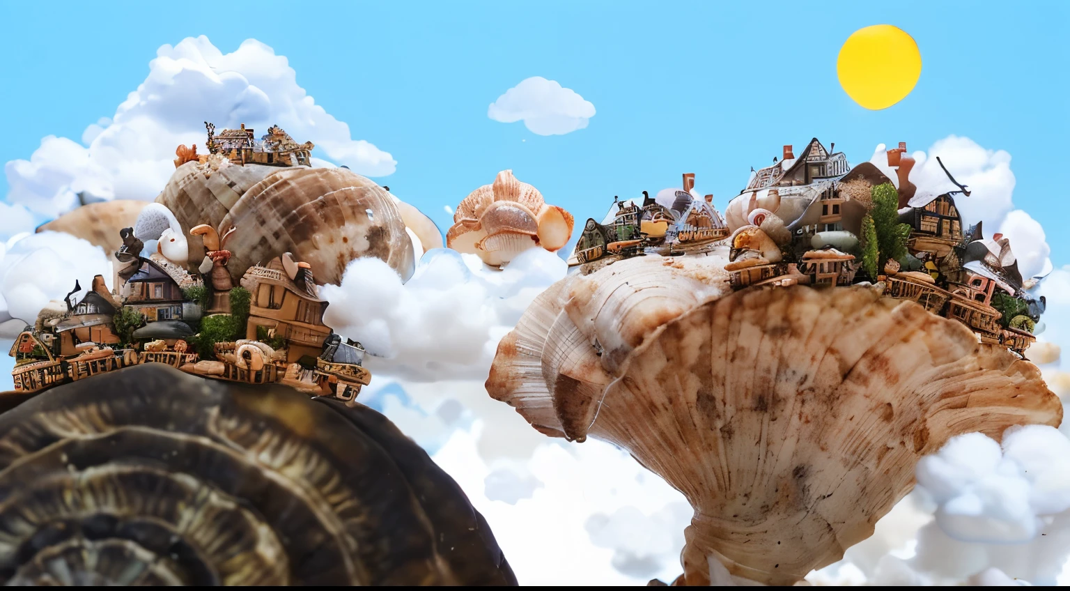 Stopmotion dolls of several snail shells with some small houses and buildings on the profile of the shell.
On an infinite blue background and cotton clouds. STOP MOTION style.