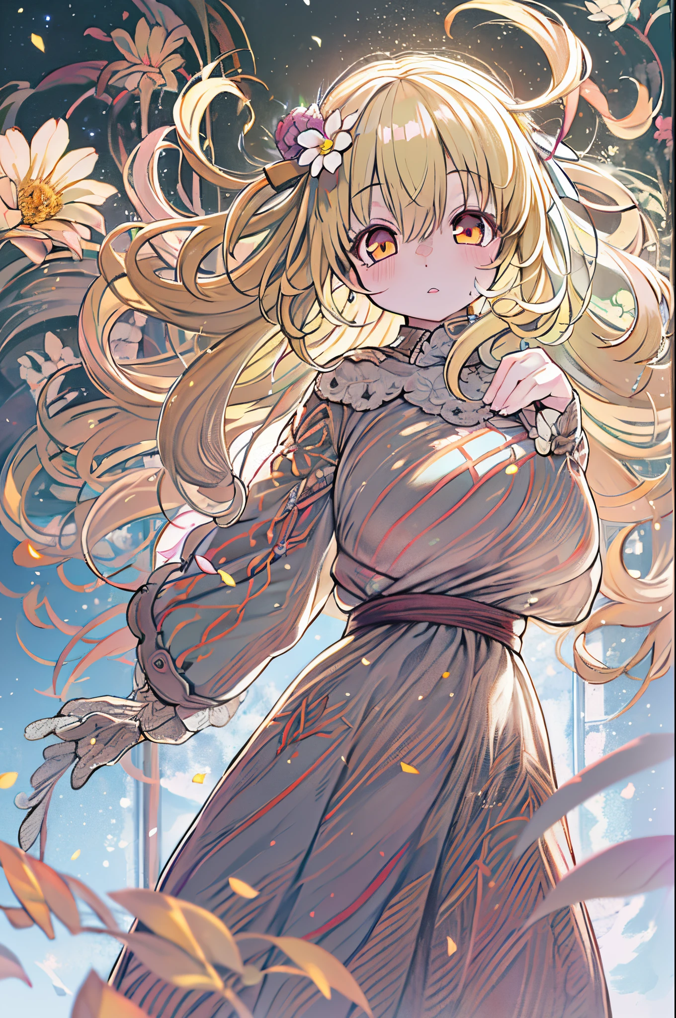 (Best Quality, masutepiece), 1girl in, Pose, Particle, Wind, flower, Upper body, Simple background, Looking at Viewer, Blonde, Galaxy,