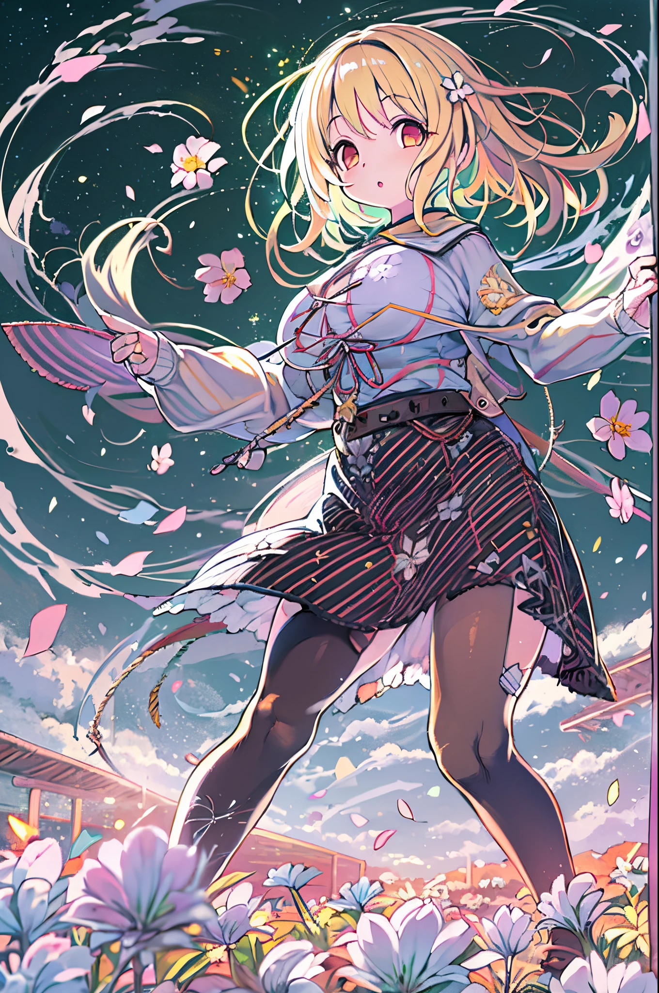 (Best Quality, masutepiece), 1girl in, Pose, Particle, Wind, flower, Upper body, Simple background, Looking at Viewer, Blonde, Galaxy,