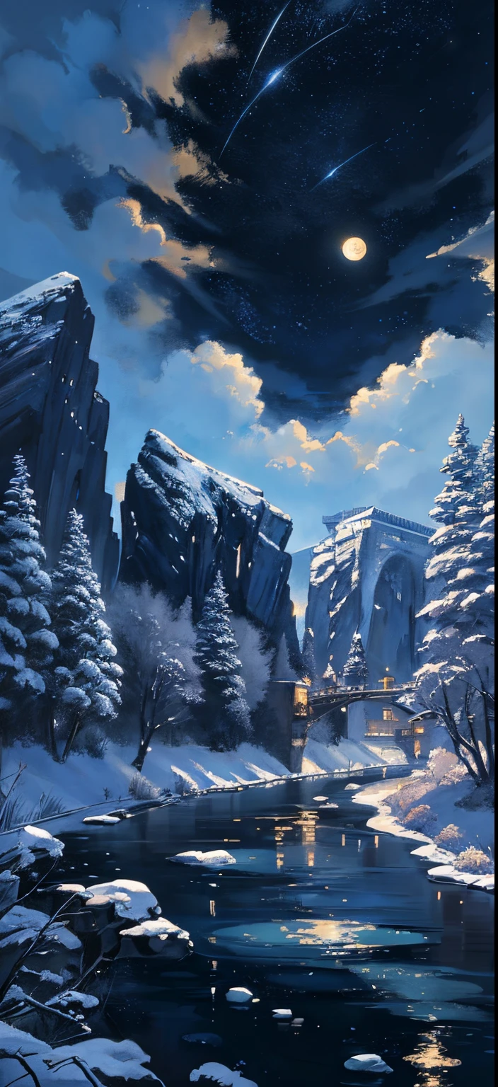a painting of a river with stars and a moon in the sky, concept art inspired by Tosa Mitsuoki, pixiv contest winner, fantasy art, beautiful anime scene, moonlit starry sky environment, painting of a dreamscape, anime background art, dream scenery art, dreamy night, anime background, background artwork, dreamy art, atmospheric anime, stary sky