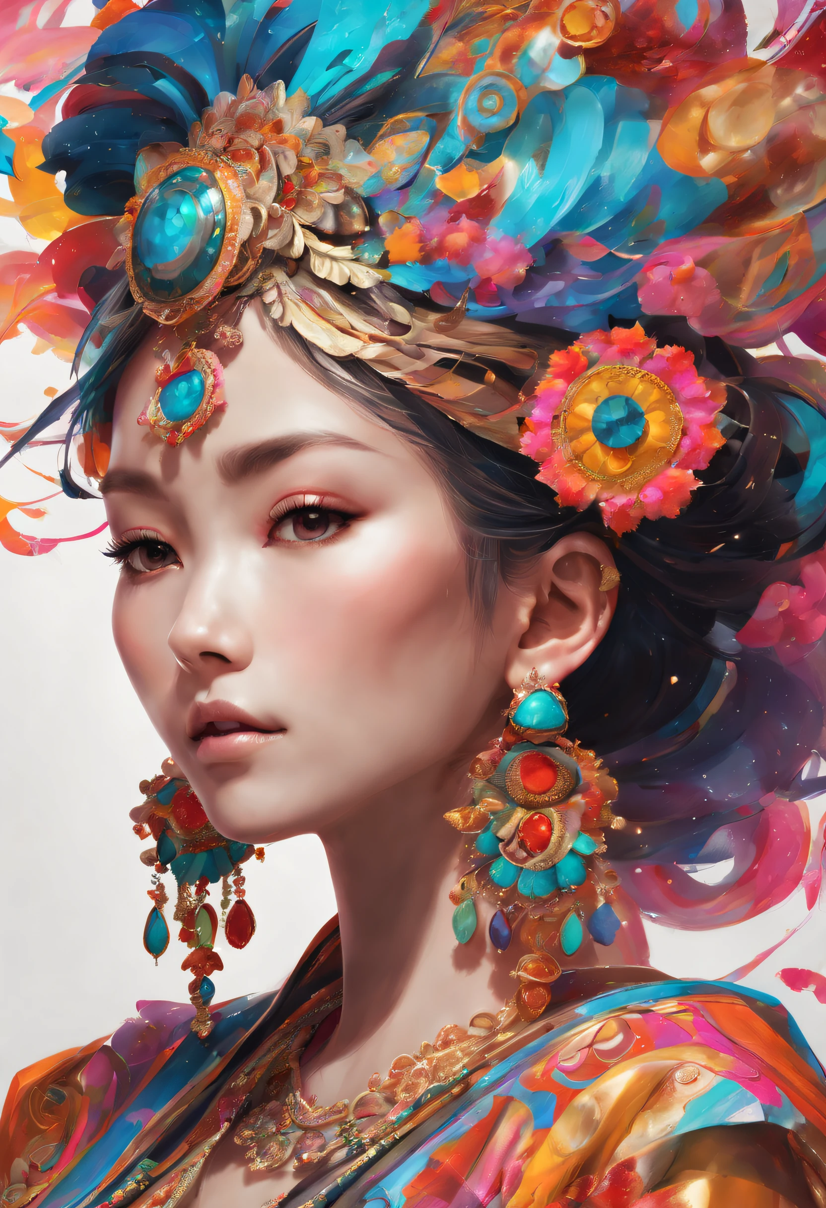 (Artistic Marvel, Top-Quality Rendering, Unmatched Artistry, Officially Approved Art, Aesthetically Pleasing: 1.2), (Single Female Subject: 1.3), Exceedingly Detailed, (Fractal Symphony: 1.1), (Explosive Colors: 1.1), Maximum Detail Precision, (Zentangle Mastery: 1.2), (Dynamic Pose), (Abstract Grandeur: 1.5), (Japanese Garb: 1.2), (Luminous Skin), (Multichromatic Radiance: 1.4), (Elaborate Earrings: 1.4).