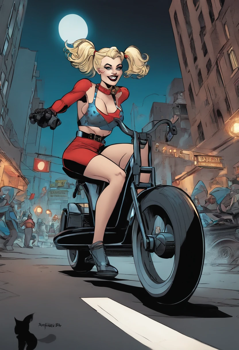 The image is of Harley Quinn riding a giant glittery tricycle through the chaotic streets of Gotham City, with a mischievous grin on her face.,Batman: The Animated Series,[Appearance= "Blonde Hair in Pigtails", "Tight Tank Top and Spandex Shorts", "Pale Complexion", "Vibrant Blue Eyes"], female
